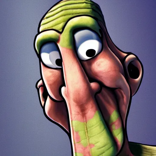 Prompt: handsome squidward with muscles in realism art style, 4 k