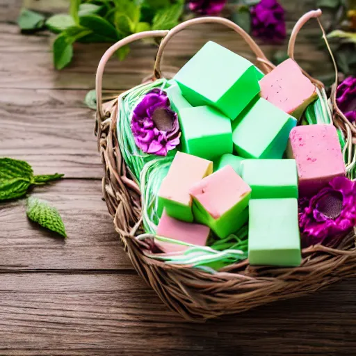 Image similar to beautiful and bright advertising, photography of a package of handmade mint chocolate scented soap blocks, wrapped in ribbons, sitting in a basket of flowers, studio quality, hdr 8 k photograph