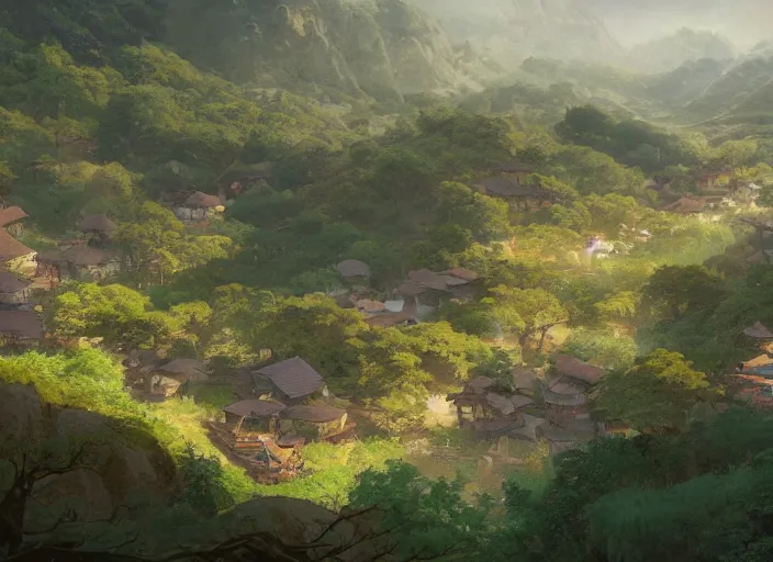 Image similar to concept art painting of a distant small woodland village in a valley seen from above, early morning, european japanese buildings, beside a river, cel shaded, detailed, realistic, by makoto shinkai and moebius and greg rutkowski and james gurney