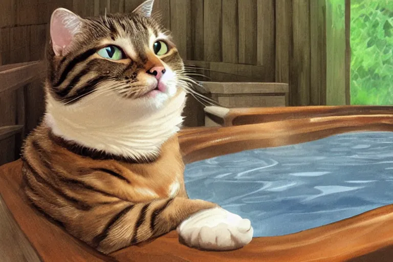 Prompt: a smug cat in a hot tub, digital art