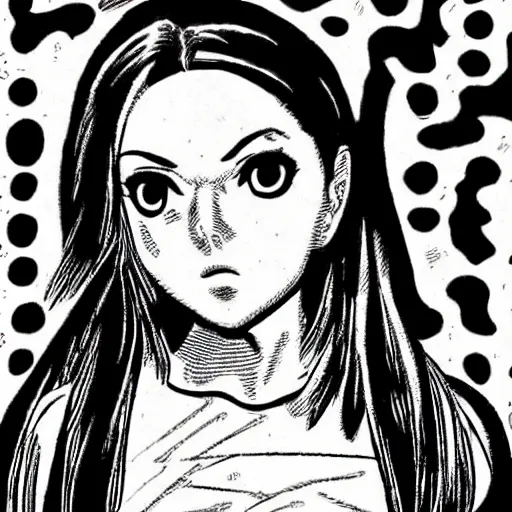 Prompt: Manga Panels, Mila Kunis summons a black spiral void from the sky by Junji Ito