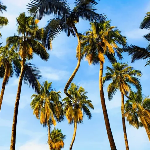 Image similar to surreal palm trees floating floating floating in blue sky, random positions long stems. floating, flying