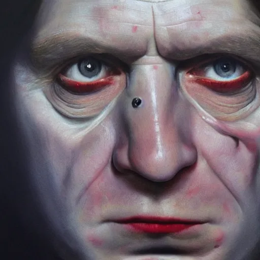 Image similar to high quality high detail painting by gottfried helnwein and lucian freud, hd, portrait of a dangerous psychopath, intense demonic look in the eyes, photorealistic lighting