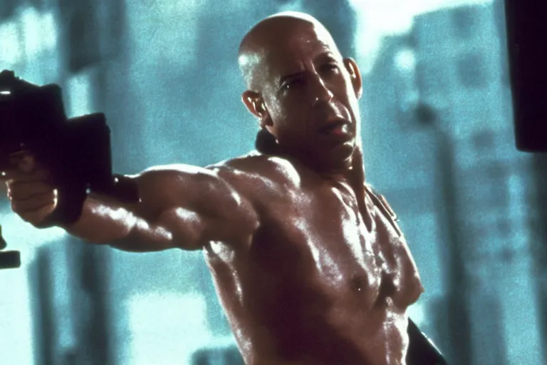 Image similar to film still of Vin Diesel as John McClane in Die Hard 1988