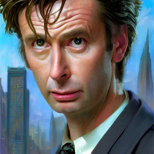 Image similar to The Tenth Doctor as a Beautiful Female Professional Model, Beautiful Female Professional Model, Beautiful Female Professional Model, Looking into the camera, detailed, centered, digital painting, artstation, concept art, donato giancola, Joseph Christian Leyendecker, WLOP, Boris Vallejo, Breathtaking, 8k resolution, extremely detailed, beautiful, establishing shot, artistic, hyperrealistic, beautiful face, octane render, cinematic lighting, dramatic lighting, masterpiece