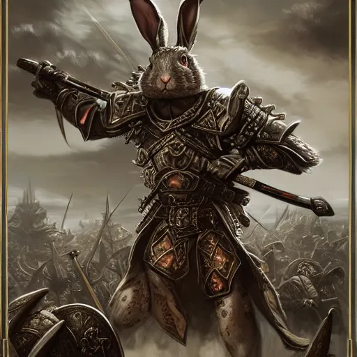 Prompt: Armored Rabbit Horde carrying swords gathering on a beautiful plain, insanely detailed and intricate, hypermaximalist, elegant, ornate, hyper realistic, super detailed, Art Deco, cinematic, trending on artstation, magic the gathering artwork
