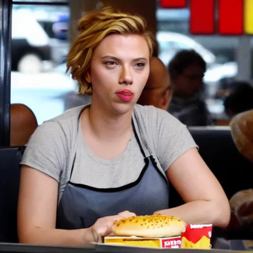 Prompt: fat scarlett johansson sitting in mcdonalds eating a burger, fans cheering