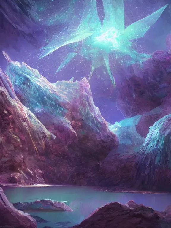 Prompt: a ultradetailed beautiful concept art of the crystal formation of the prismatic crystal of hope is filled with the wonderful colors of the emotion around it in a forgotten cave lighten by the moon light and reflecting on the surface of a quiet lake, concept art, high resolution 4 k, by artgeem