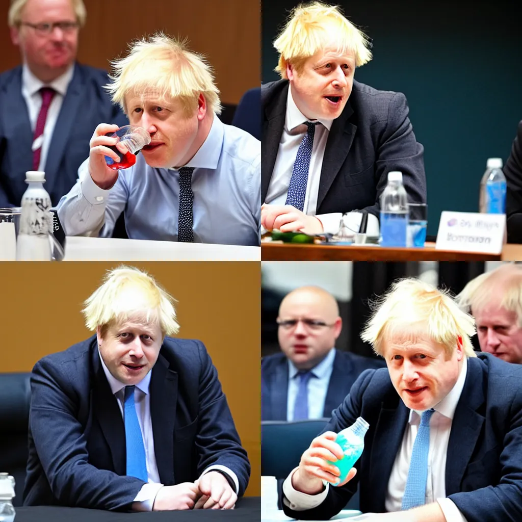 Prompt: boris johnson drinking from a baby bottle in a conference meeting