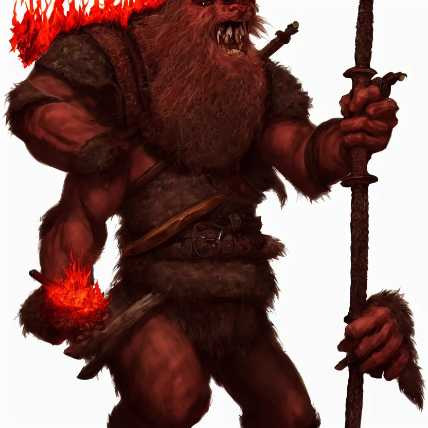 Prompt: red bugbear, class hunter, d & d, dungeons and dragons eastern, holding flaming sword, beard, male, character design on white background, gnarly details, by kim jung giu, trending on artstation, denoised