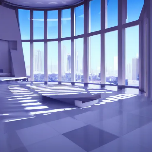 Prompt: Simplistic 3D Rendering of a Futuristic hall with tall windows overlooking a scifi city and mountains with a big planet in the sky, photorealistic, white and blue, interior design