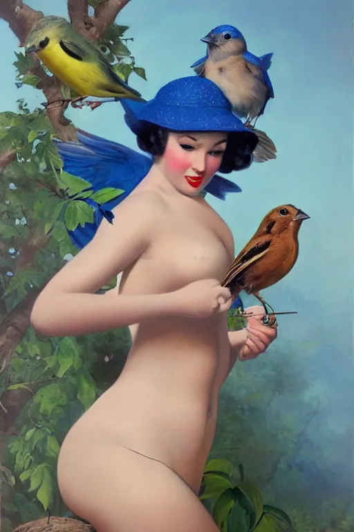 Image similar to hyper realistic painting, pinup girl holding an indigo bunting, bird, the bird is wearing a bowtie, anime, porcelain skin, glistening, very coherent, gillette gil elvgren