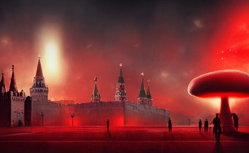 Image similar to nuclear explosion with nuclear mushroom in Red Square Kremlin, intricate, dark atmosphere, cinematic shot, extremely high detail, photo realistic, cinematic lighting, post processed, artstation, matte painting, smooth, sharp focus, illustration, elegant, fantasy