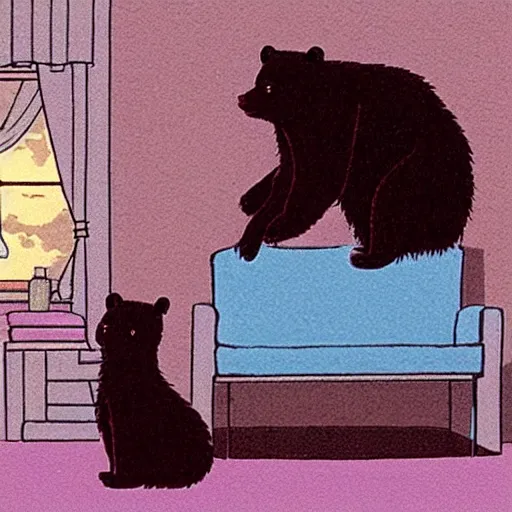 Prompt: bear and cat sitting in couch, by Studio Ghibli, atmospheric, cosy, romantic