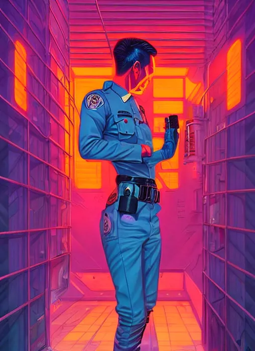 Image similar to burning police officer in sci fi prison, tristan eaton, victo ngai, artgerm, rhads, ross draws