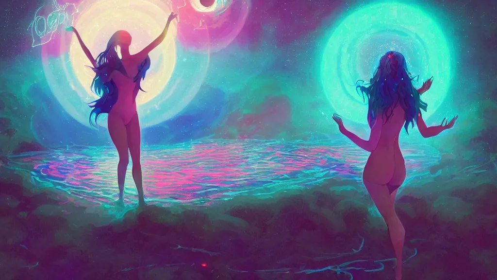 Prompt: one beautiful whimsical goddess standing in a lake basking in the moonlight, casting a spell, underneath a multi-colored binary blackhole with an accretion disc, glowing trails following her arms, acidwave, by Lois van Baarle, by Greg Rutkowski, by artgerm, by beeple, by studio ghibli, cinematic angle, volumetric lighting, 4k resolution, octane render, trending on artstation, masterpiece
