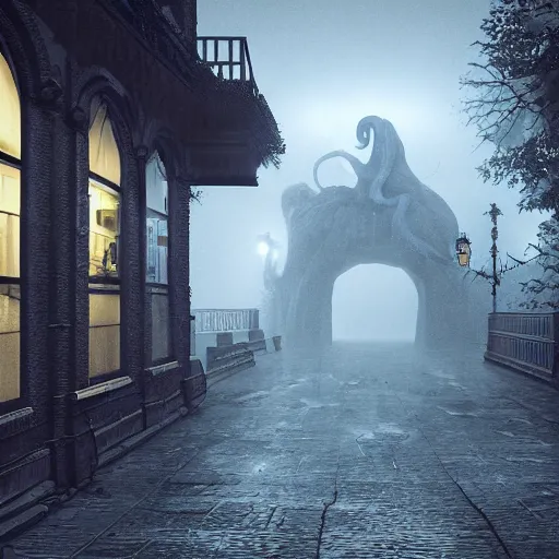 Image similar to cthulhu, lovecraftian, foggy atmosphere, old european town, realistic