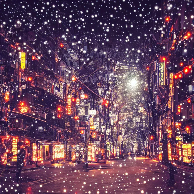 Image similar to illustration of tokyo with many lights and lens flares, snowy winter christmas night