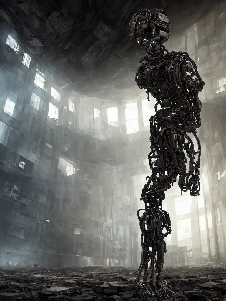 Prompt: portrait of a cyborg, standing in a hall of abandoned ancient megacomplex; hyperrealistic, 4K wallpaper, cinematic lighting, highly detailed and beautiful