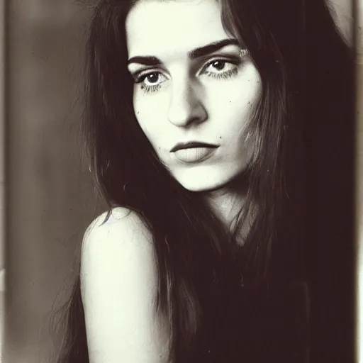 Image similar to old film photo of an atractive cool alternative bosnian woman in her early 20s. beautiful face. She has dark brown hair, dark thick eyebrows, brown eyes and shoulder long hair.
