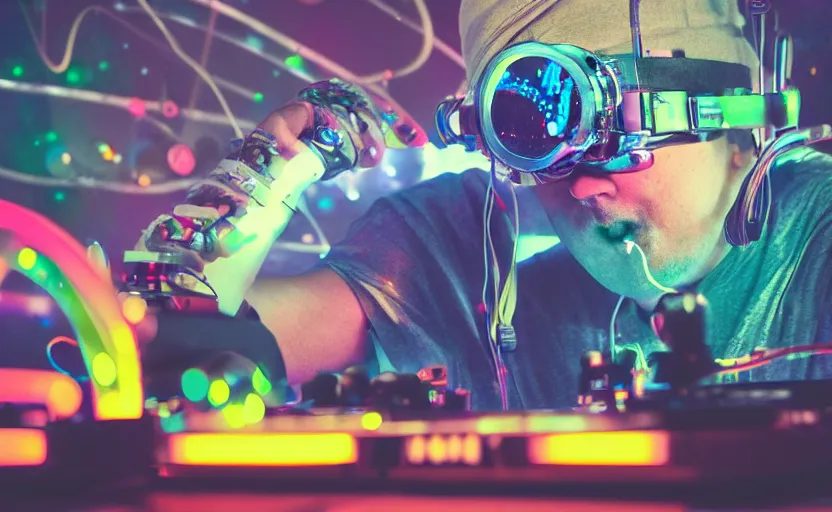 Image similar to a person wearing goggles and visor and headphones using a futuristic record player contraption, wires and tubes, turntablism dj scratching, intricate planetary gears, cinematic, imax, sharp focus, leds, bokeh, iridescent, black light, fog machine, hazy, lasers, hyper color digital art