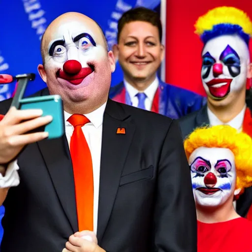 Image similar to a president with clown makeup taking a selfie in a podium next to an angry first minister