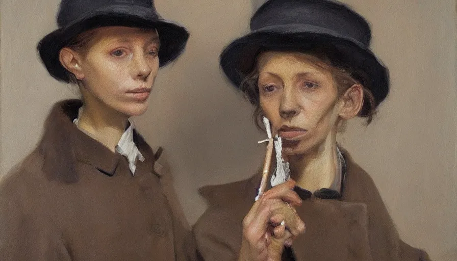 Prompt: painting by borremans, agent in a coat with cigarette, detailed, stunning