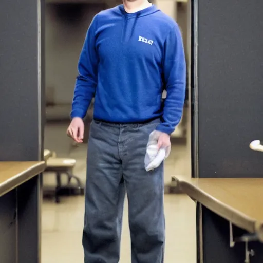 Prompt: mark zuckerberg as a school janitor, candid photograph