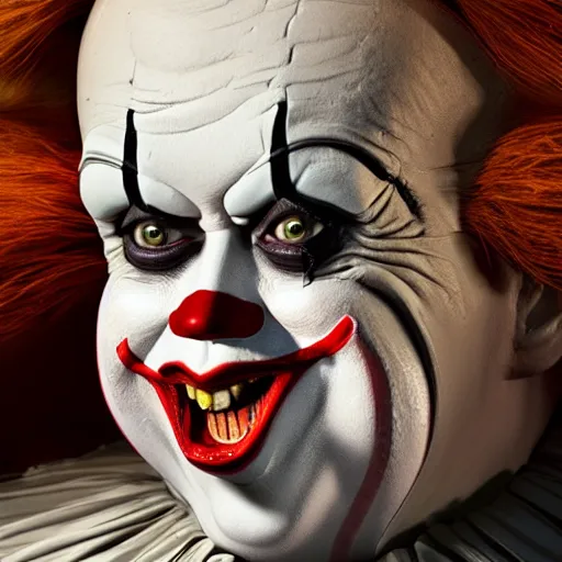 Prompt: Donald Trump with Pennywise body, realistic artstyle, wide shot, dramatic lighting, octane render, hyperrealistic, high quality, highly detailed, HD, beautiful, cinematic, 8k, unreal engine, facial accuracy, symmetrical