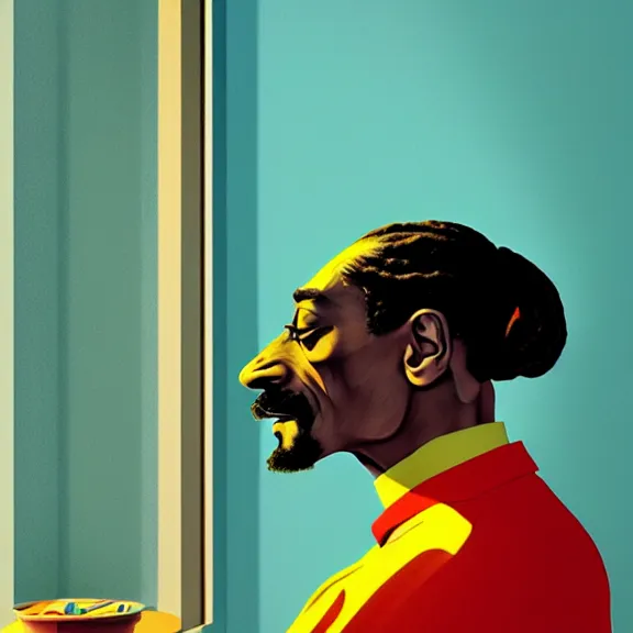 Image similar to beautiful illustration of a Snoop Dogg by Edward Hopper, clean lines, very detailed, colorful octane render