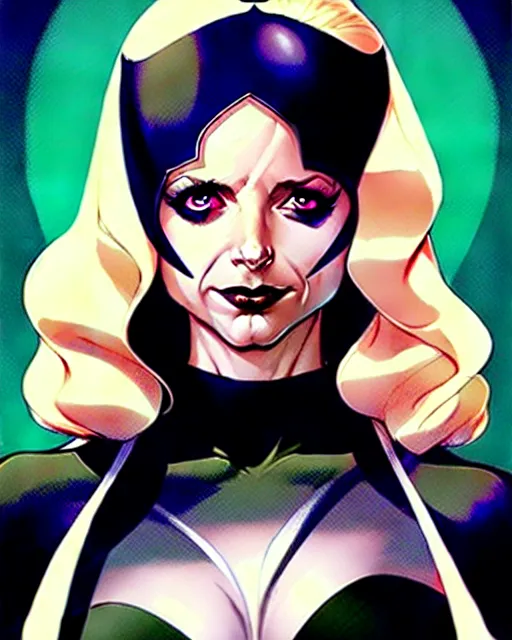 Prompt: artgerm, joshua middleton comic cover art, pretty sarah michelle gellar superhero, very pale white skin, asymmetrical black spot covering left eye only, no spot right eye white around right eye