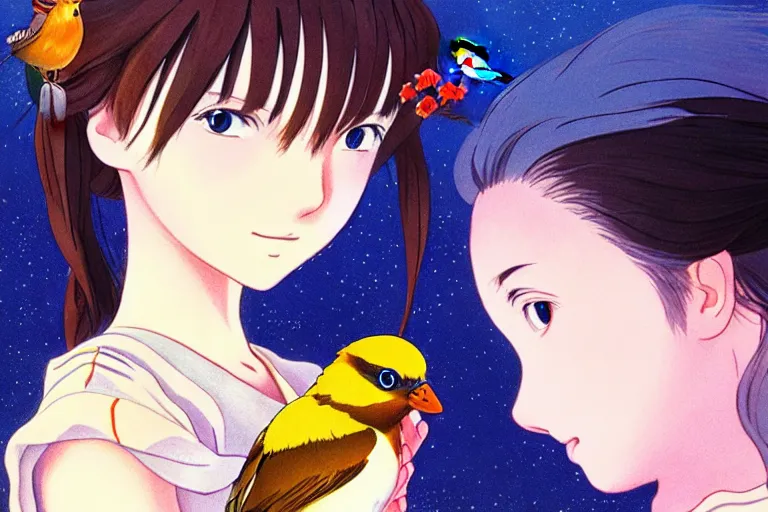 Image similar to young pretty girl holding a bird in her hands, looking touched, Fragile looking character portrait , beautiful scene; highly detailed art, by Studio Ghibli , High contrast, anime art