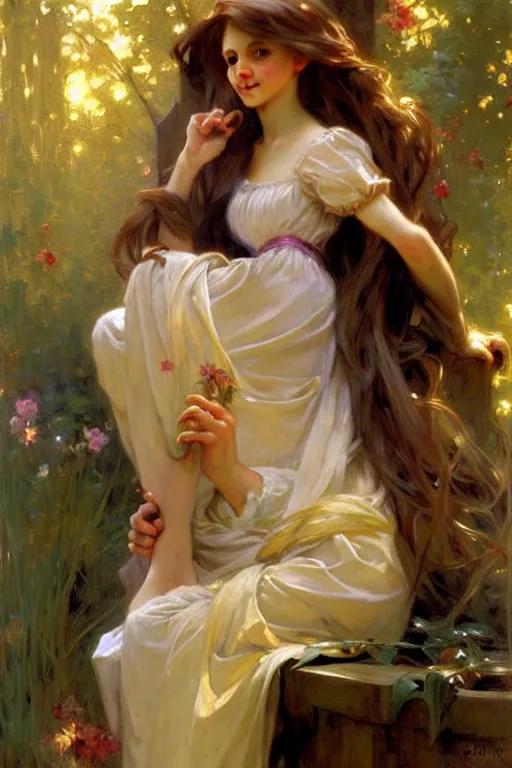 Prompt: rapunzel, painting by daniel gerhartz, alphonse mucha, bouguereau, detailed art, artstation