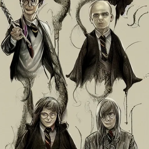 Image similar to Harry Potter characters, concept art, detailed, drawing