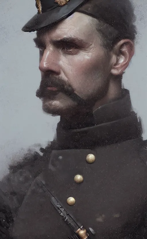 Prompt: Portrait of a victorian army officer, male, detailed face, 19th century, highly detailed, cinematic lighting, digital art painting by greg rutkowski