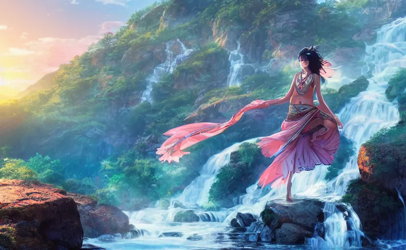 Image similar to Himalayan priestess dancing on water, beautiful flowing fabric, waterfalls, sunset, dramatic angle, 8k hdr pixiv dslr photo by Makoto Shinkai rossdraws and Wojtek Fus
