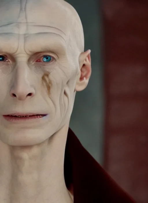 Image similar to film still of tilda swinton as voldemort in harry potter, 4 k, ( voldemort nose )