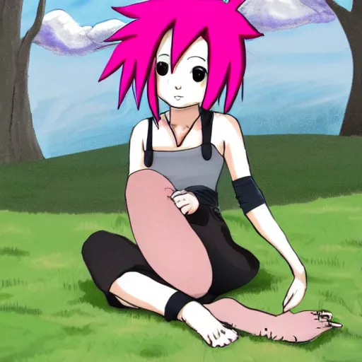 Prompt: digital drawing of Sakura Haruno from Naruto sitting on the grass barefoot with her legs spread apart, intimate high quality art