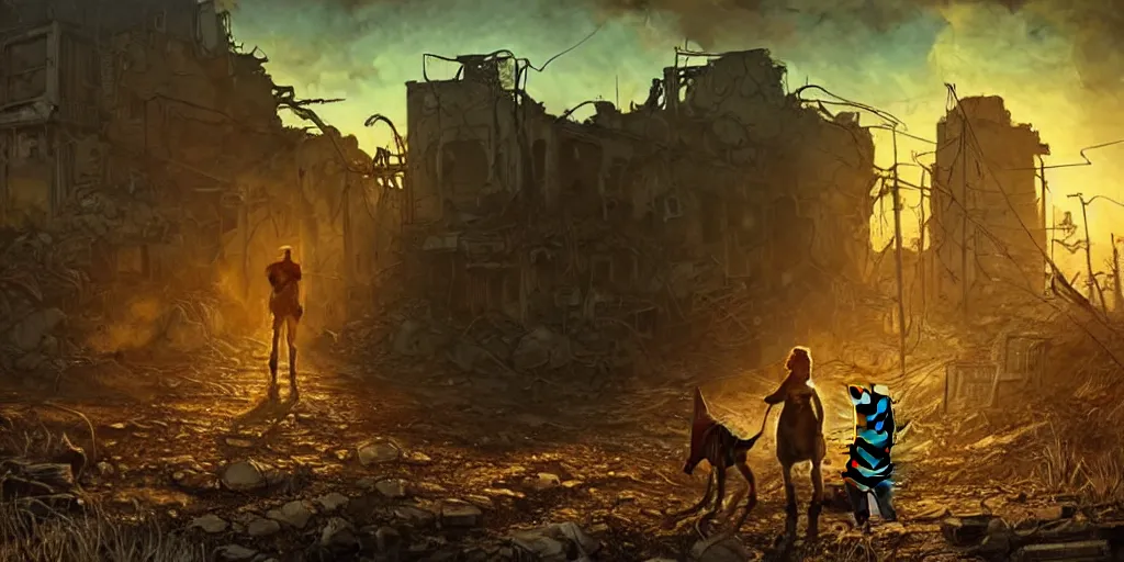 Prompt: fallout 5 concept art, female protagonist and feline companion, outdoor scene, some in the ruined city, atmospheric lighting, painted, cinematic, wide angle shot, intricate, volumetric lighting, beautiful, gritty, rich deep colours masterpiece, golden ratio, golden hour, sharp focus, ultra detailed by jack kirby, ignacio fernandez rios, thierry doizon