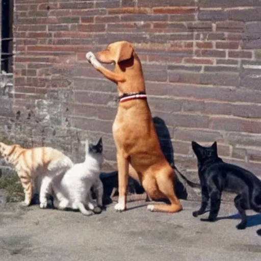 Image similar to dog doing nazi salute in front of cats