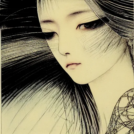 Image similar to yoshitaka amano blurred and dreamy realistic illustration of a japanese woman with black eyes, wavy white hair fluttering in the wind wearing elden ring armor with engraving, abstract patterns in the background, noisy film grain effect, highly detailed, renaissance oil painting, weird portrait angle, blurred lost edges, three quarter view