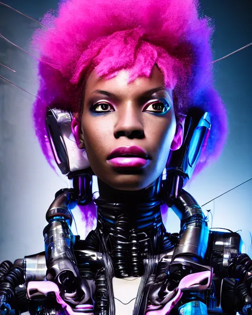 Image similar to portrait of a beautiful black woman with pink hair as a cyberpunk cyborg half robot, revealing wires and electronics, sci - fi, missing panels, intricate abstract upper body intricate artwork, concept art, octane render, deviantart, cinematic, key art, hyperrealism, iridescent accents, portrait photograph, nikon 3 5 mm, photograph by greg rutkowski