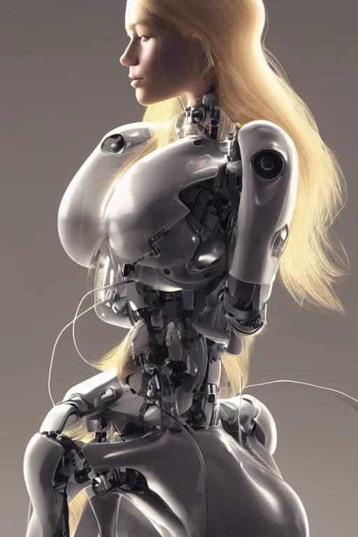 Image similar to a beautiful woman with blonde hair wearing robot suit with wires and light, highly detailed, photorealistic, artstation, smooth