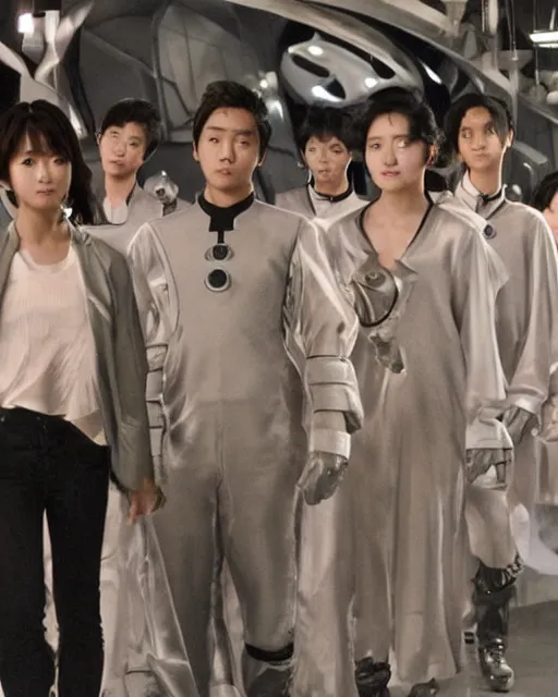 Image similar to remake of logan's run starring a cast of teenaged korean actors and actresses dressed in futuristic traditional korean clothes, futuristic, dome city, robots, monorails, sandman police, renewal