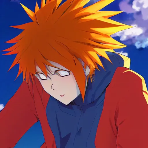 Image similar to orange - haired anime boy, 1 7 - year - old anime boy with wild spiky hair, wearing red jacket, flying through sky, ultra - high jump, late evening, blue hour, cirrus clouds, pearly sky, ultra - realistic, sharp details, subsurface scattering, blue sunshine, intricate details, hd anime, 2 0 1 9 anime