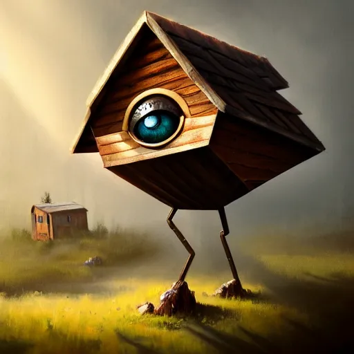 Image similar to a walking wood and metal house with two legs and one big eye, rust, hyperrealistic, highly detailed, cinematic, single ray of sun, morning, pareidolia, gravity falls style, beautiful, cgssociety, artstation, 8 k, oil painting, digital art