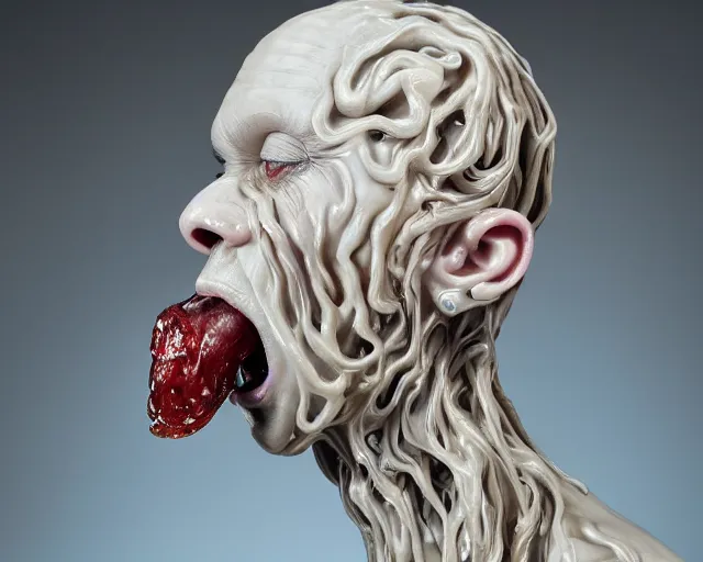 Prompt: a massive porcelain sculpture of a surreal distorted human face vomiting jelly from his mouth, on the ocean water, in the style of johnson tsang, funny sculpture, lucid dream series, cinematic, hyper - realistic, very detailed, realistic water splashes, ray tracing, 8 k resolution, long - shot, sharp focus, low angle, 8 5 mm photograph, wide lens