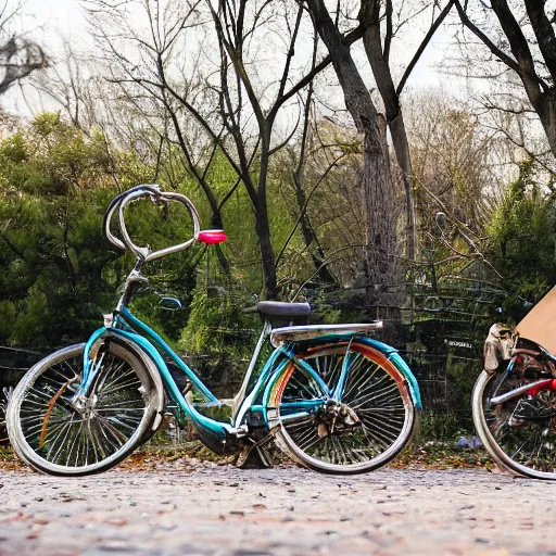 Image similar to cats stealing bycicles in a park in the afternoon, dslr photo