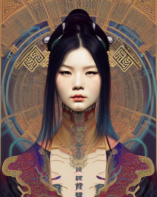 Image similar to portrait of a cyberpunk machine, machine face, upper half portrait, decorated with chinese opera motifs, asian, fine china, wuxia, traditional chinese art, intricate, elegant, highly detailed, symmetry, headpiece, digital painting, artstation concept art smooth sharp focus, illustration, art by artgerm and greg rutkowski alphonse mucha 8 k