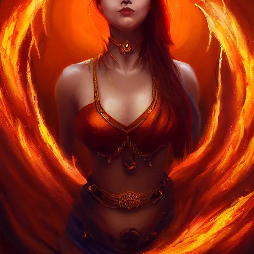 Image similar to A stunning painting of a fire goddess by Andrews Esao, fantasy, Trending on artstation.